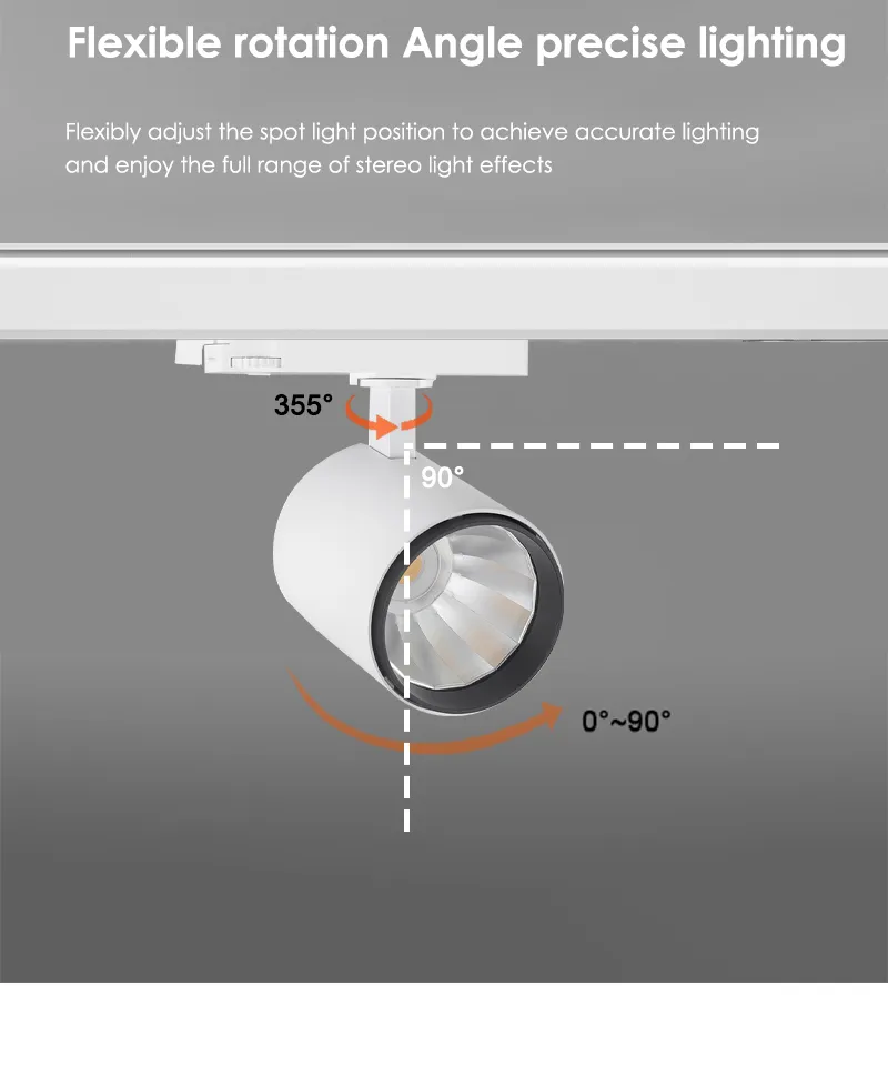Track spotlight head with arrows showing rotation and tilt range