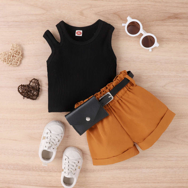 European and American Amazon spring and summer children's suit girls' sleeveless cotton sunken stripe top curling shorts with waist bag fashion wholesale