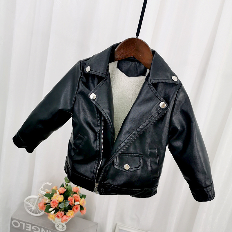 Boy's leather jacket fleece padded coat new fashion baby autumn and winter clothing padded top trendy children's motorcycle jacket