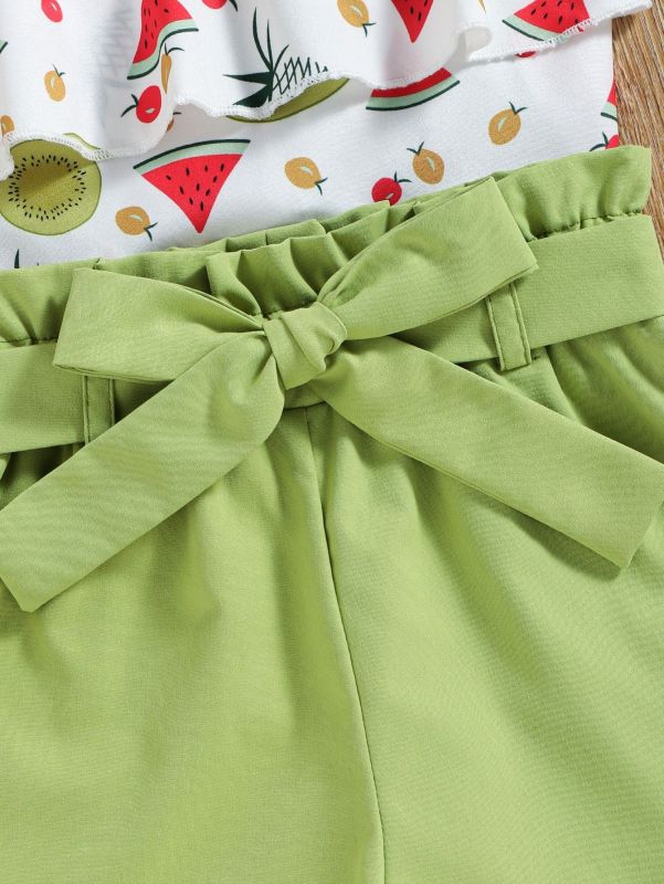 Baby children's clothing children spring and summer sweet spaghetti-strap fruit printed coat Green shorts girls' suit in stock