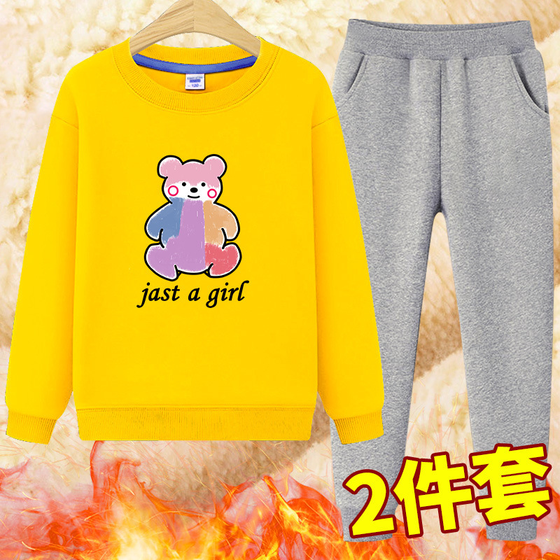 Girls' spot Korean-style sweater two-piece Children's round-neck with fleece lining warm long-sleeved shirt sports loose sweatpants wholesale