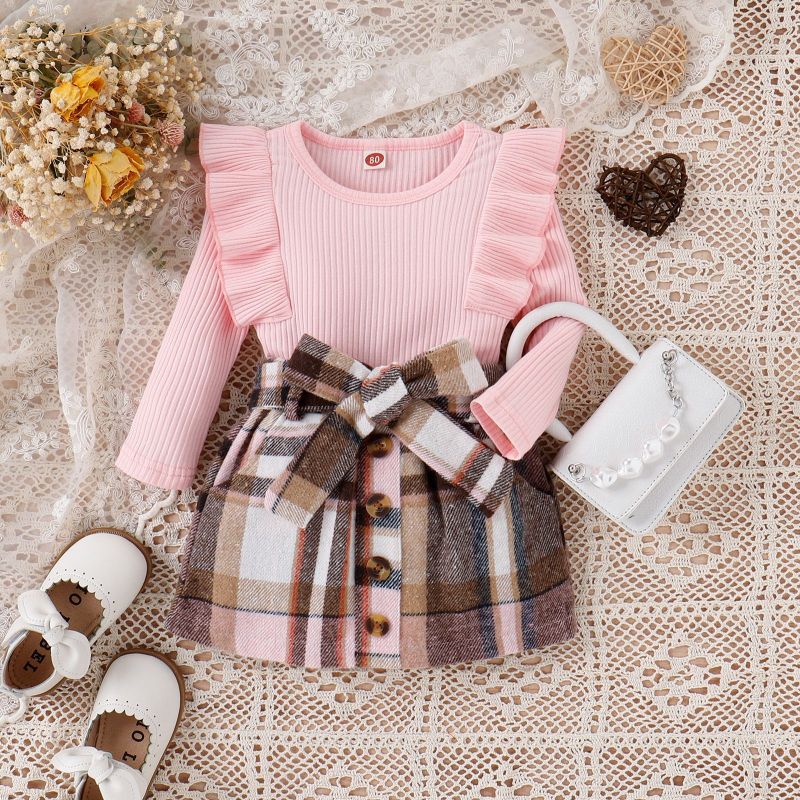 Baby children's clothing autumn and winter children sweet pink cotton sunken stripe lace long-sleeved top plaid skirt girls' suit
