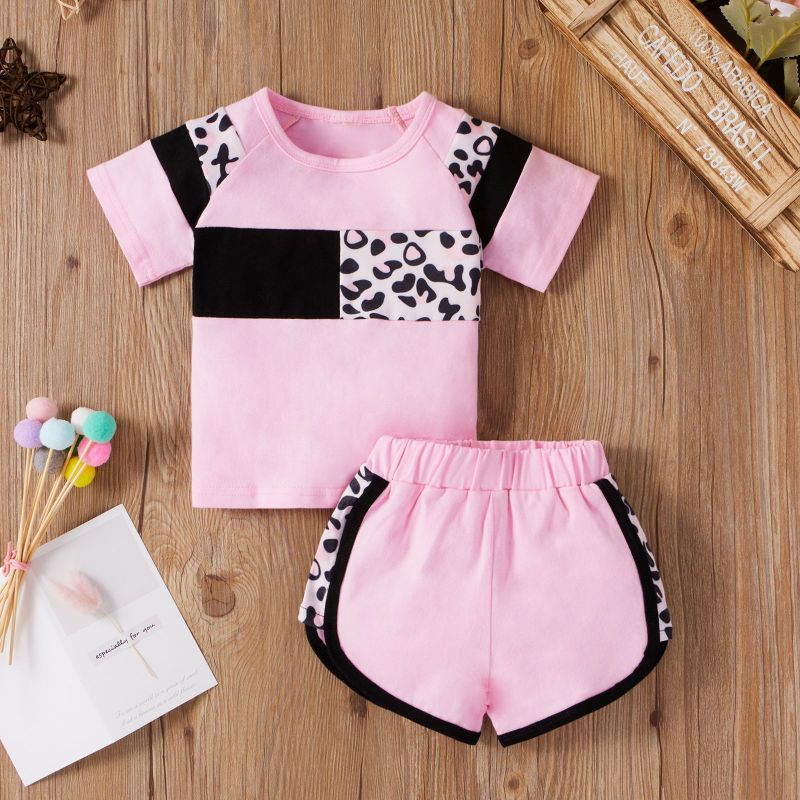 Baoxi children's clothing summer new foreign trade Amazon infant suit trendy leopard print dual-color patchwork two-piece suit