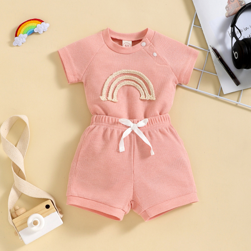 Baby's foreign trade children's wear baby boys' summer rainbow waffle four-color side buckle short sleeve baby bodysuit shorts suit