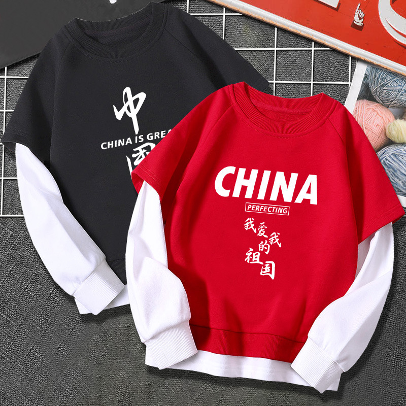 Boys' round neck sweater autumn and winter fashionable cool printed long sleeve children's fake two-piece top cotton children's clothing wholesale