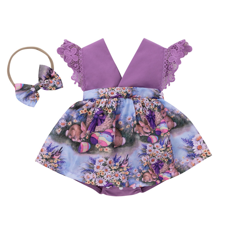 Baoxi children's clothing European and American style baby girl purple rabbit printed lace flounced sleeve baby Bloomer with skirt swing rompers jumpsuit