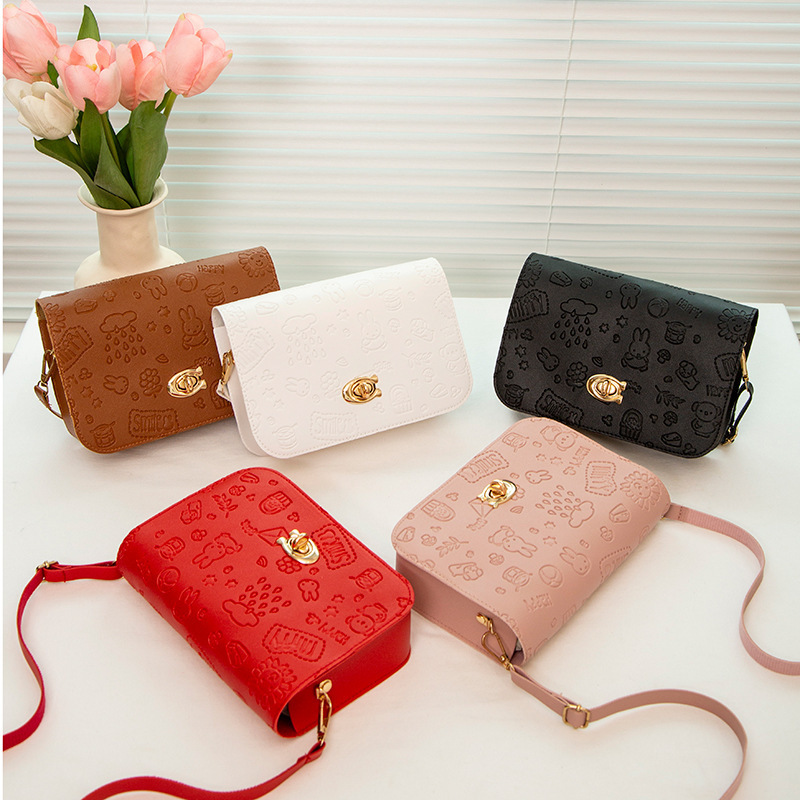 New Korean style all-match twist lock simple embossed small square bag shoulder messenger bag girl pure cute style