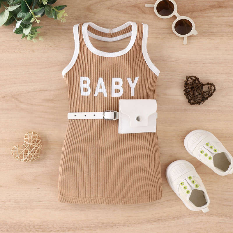 20-year children's clothing European and American fashion girls' letter printing halter backless with waist bag spring and summer children's dress