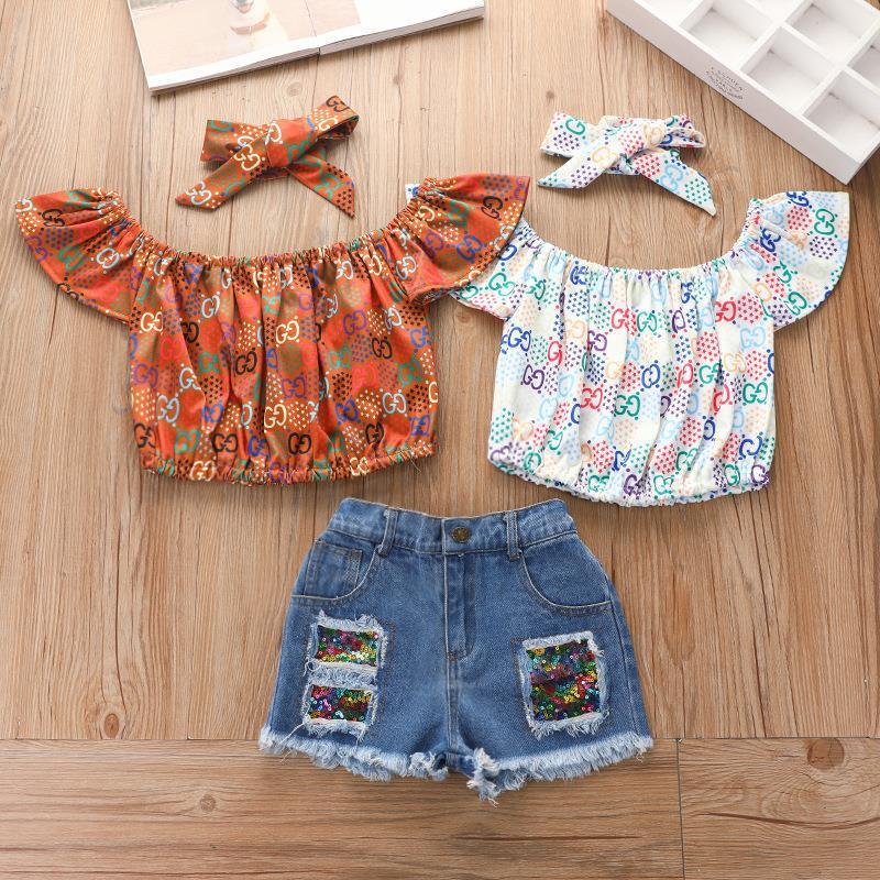 Baoxi new pullover denim shorts suit European and American summer three-piece children's clothing girls' hot pants suit
