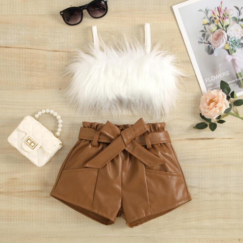 Treasure salary Europe and America cross border Amazon girls' furry Sling Top solid color open bag leather shorts suit with belt