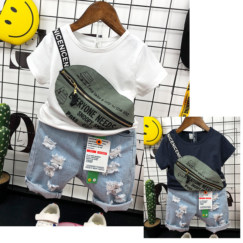 New children's clothing 2-7 years old boy handsome satchel T-shirt summer little boy short sleeve jeans two-piece set
