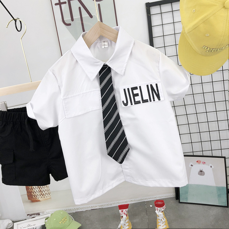 Boy's short-sleeved shirt Korean style children's summer tie shirt children western style top foreign trade children's wear fashion