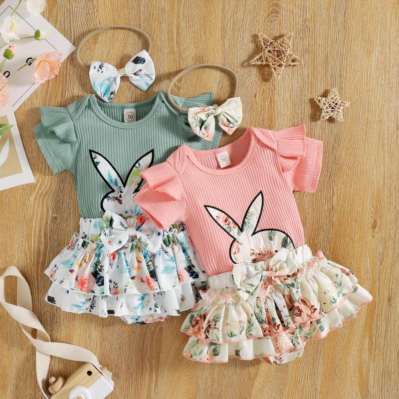 Baoxi children's clothing 20 new Easter rabbit sunken Stripe Floral skirt romper headdress three-piece suit