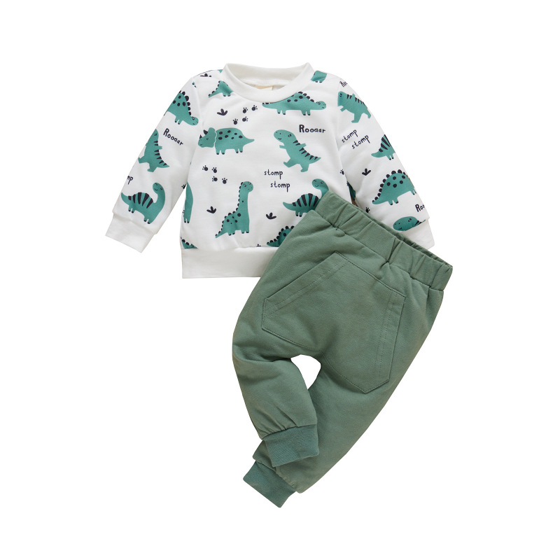20 new boys and girls sweater suit children's clothing autumn and winter New Dinosaur long sleeve round neck top trousers two-piece suit