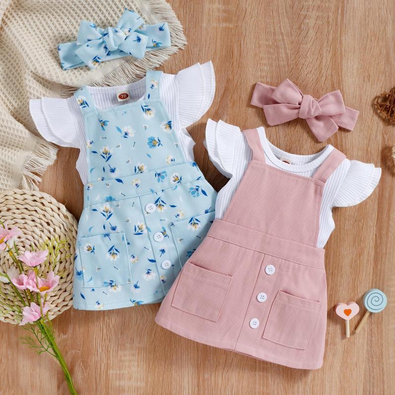 Baby cross-border children's clothing spring and summer Korean style baby girl sisters outfit sunken stripe cotton short sleeve flower suspender skirt infant suit