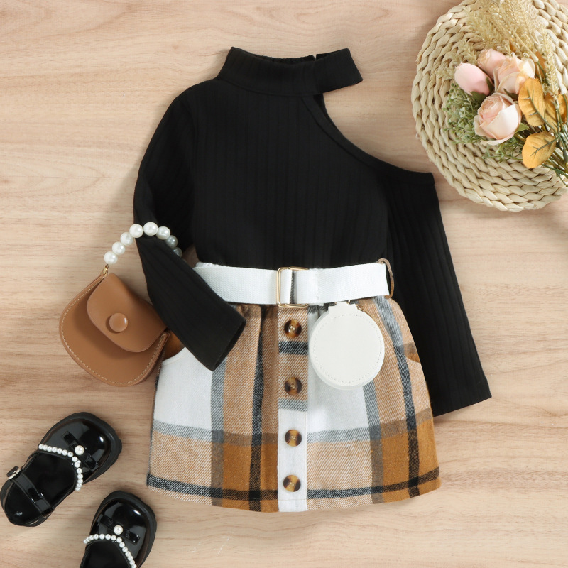 Baoxi children's clothing European and American autumn and winter children sunken stripe oblique shoulder turtleneck top plaid skirt with bag girls' suit