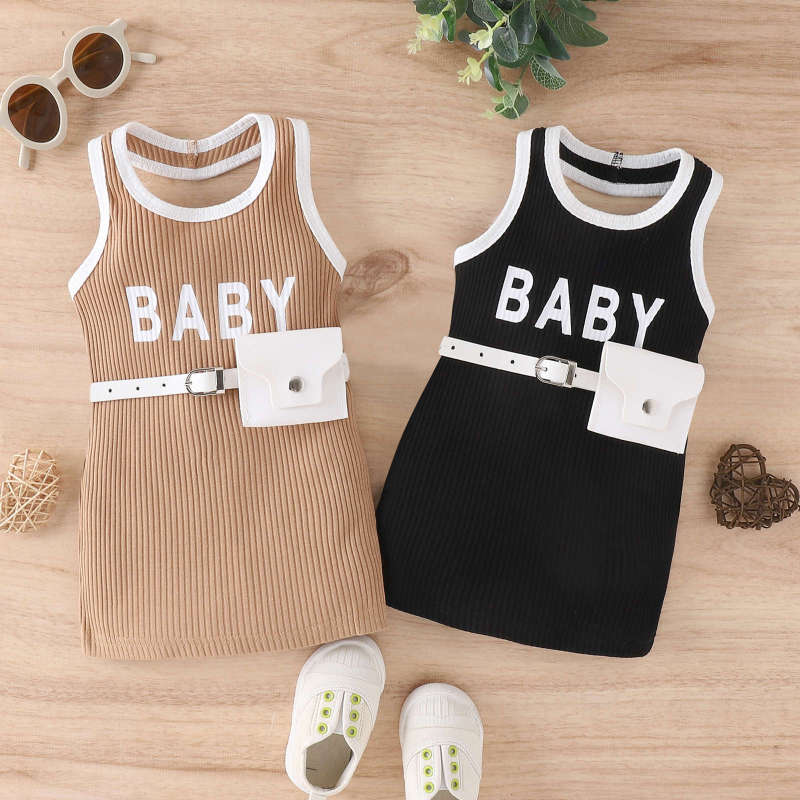 20-year children's clothing European and American fashion girls' letter printing halter backless with waist bag spring and summer children's dress