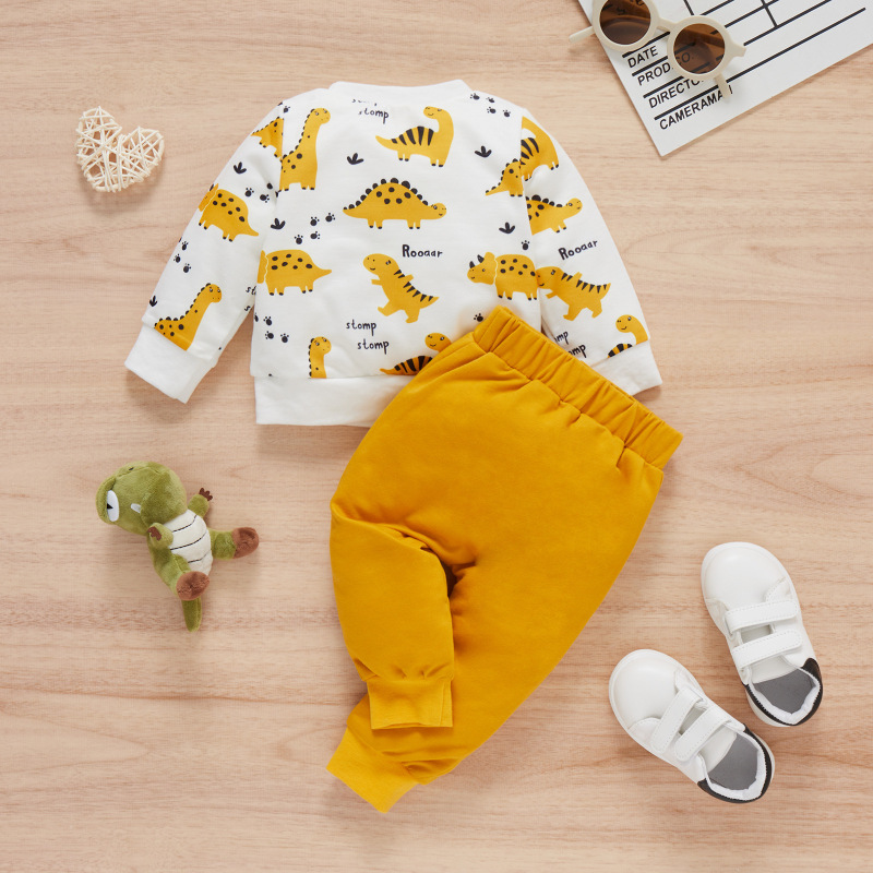20 new boys and girls sweater suit children's clothing autumn and winter New Dinosaur long sleeve round neck top trousers two-piece suit