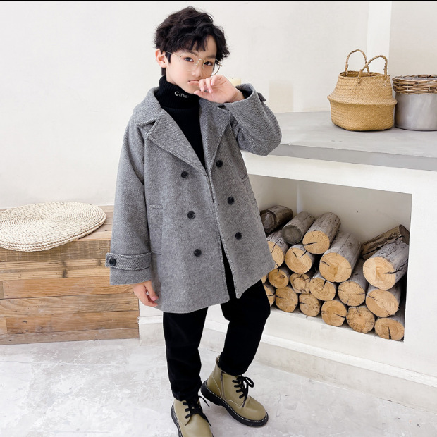 Boys' woolen coat spring and autumn thickening middle and big children's fashionable windbreaker children's clothing children's woolen coat winter