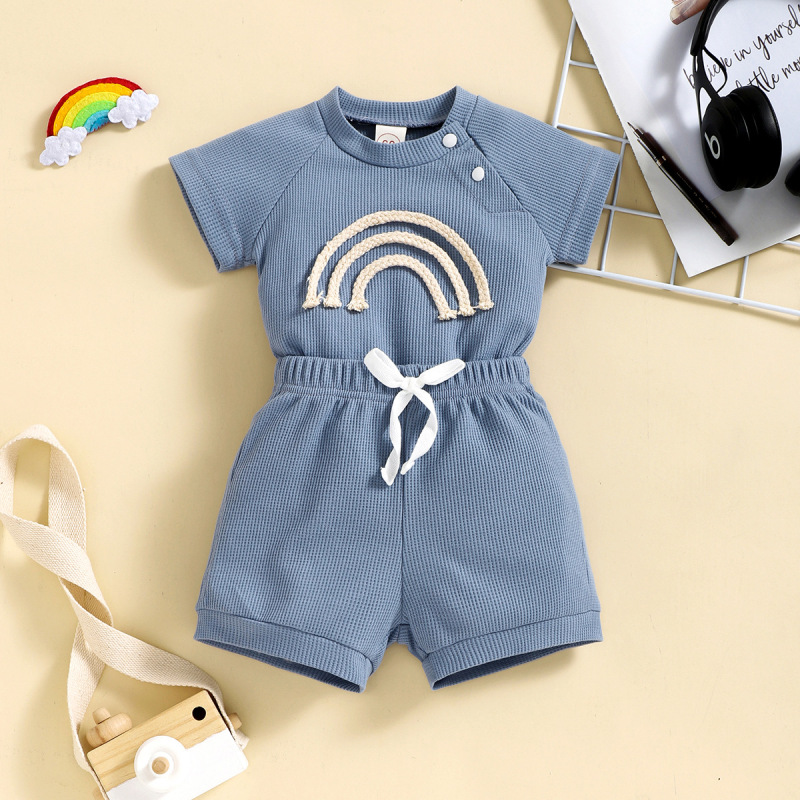 Baby's foreign trade children's wear baby boys' summer rainbow waffle four-color side buckle short sleeve baby bodysuit shorts suit