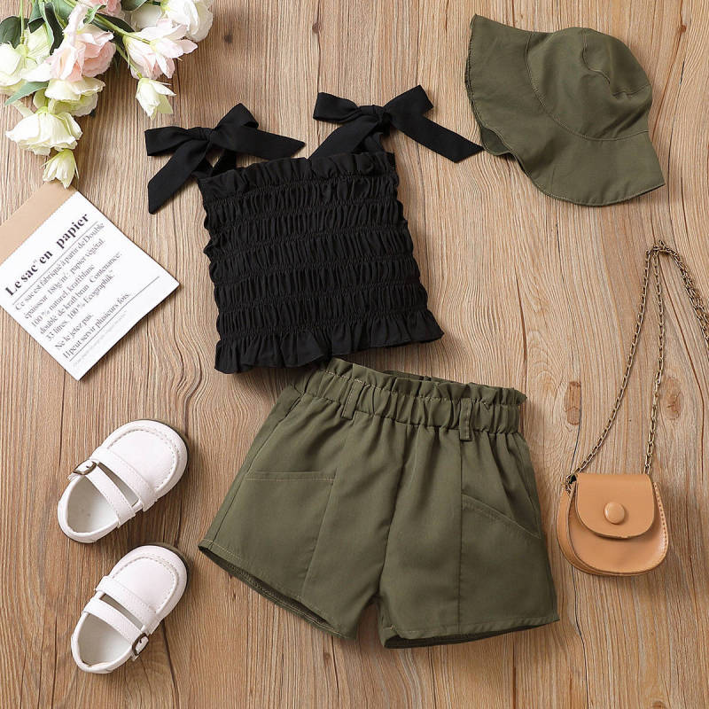 Baoxi children's clothing European and American girls spring and summer trendy style smocking strap top shorts with hat included cool little kids' suit