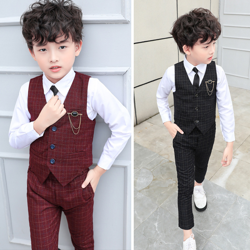 Boys autumn clothing suit New handsome plaid dress Korean style children host performance two-piece vest set tide