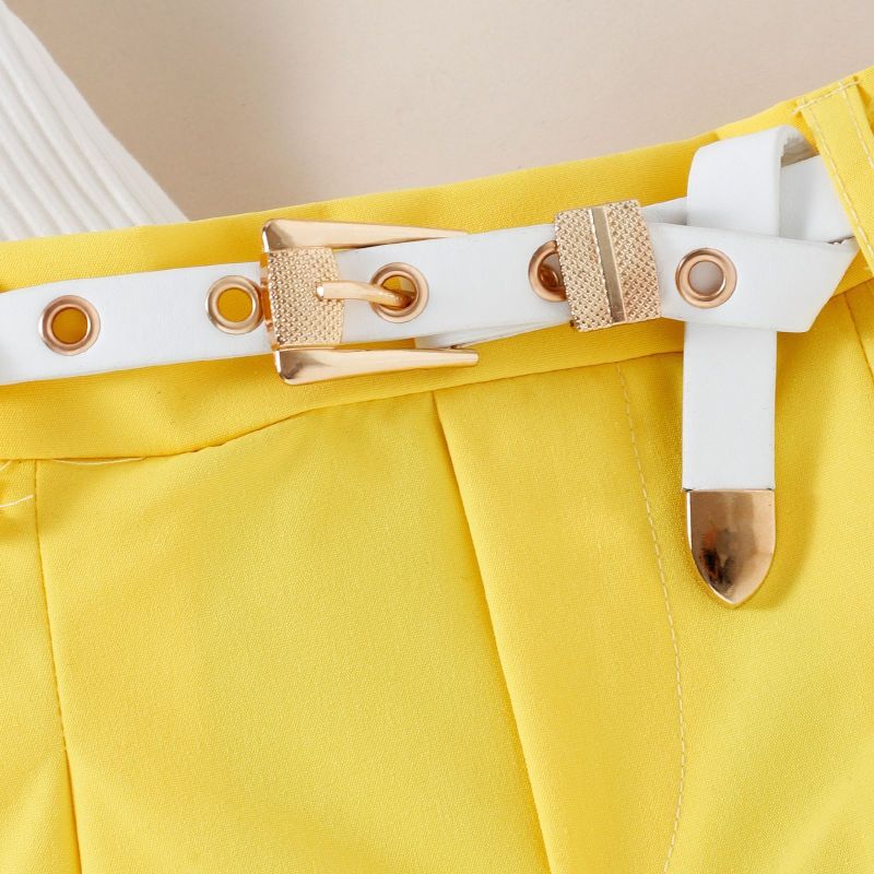 Treasure salary clothing cross-border summer new sunken stripe flounced sleeve yellow belt shorts Amazon ebay children's three-piece suit
