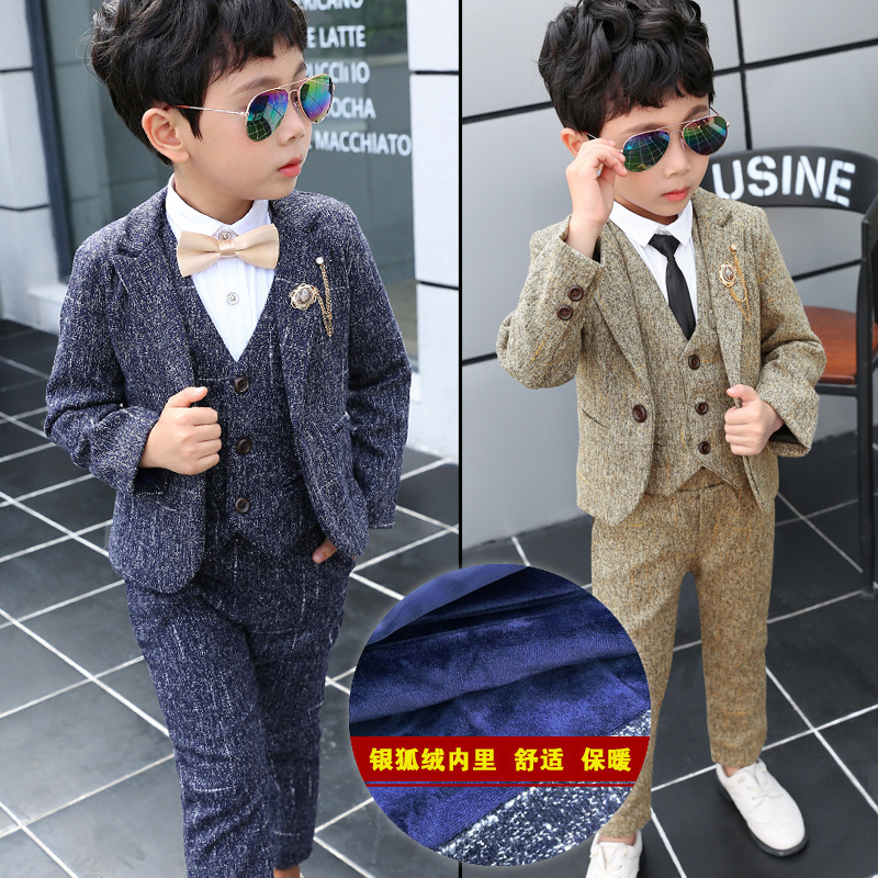 Autumn and Winter children's business suit Korean style Boy's suit host performance wear two-piece set fleece-lined thickened