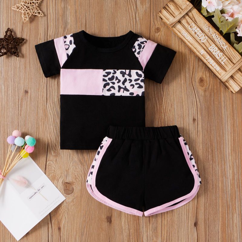 Baoxi children's clothing summer new foreign trade Amazon infant suit trendy leopard print dual-color patchwork two-piece suit