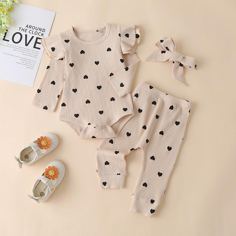 Children's wear new product spring and autumn girls' cotton sunken stripe multi-color long-sleeved top heart printing pants three-piece set