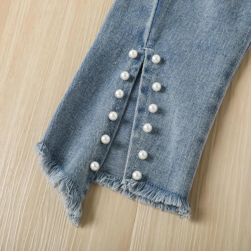 European and American autumn New girls' three-dimensional flower mesh sleeves sunken stripe top split irregular pearl jeans suit