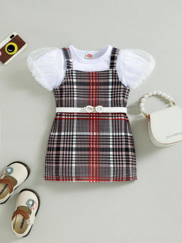 Baoxi foreign trade baby suit baby girl summer puff sleeve check overall dress belt children's suit in stock