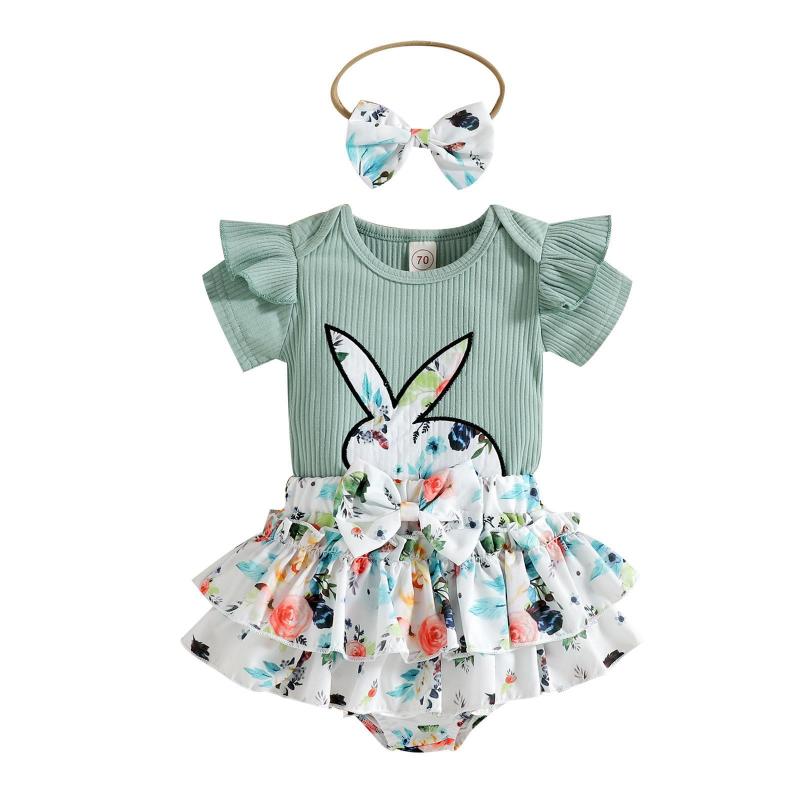 Baoxi children's clothing 20 new Easter rabbit sunken Stripe Floral skirt romper headdress three-piece suit