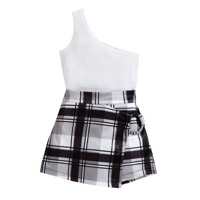 Baoxi children's clothing Korean-style summer new halter one-shoulder black and white two-color top Plaid culottes two-piece girls' suit
