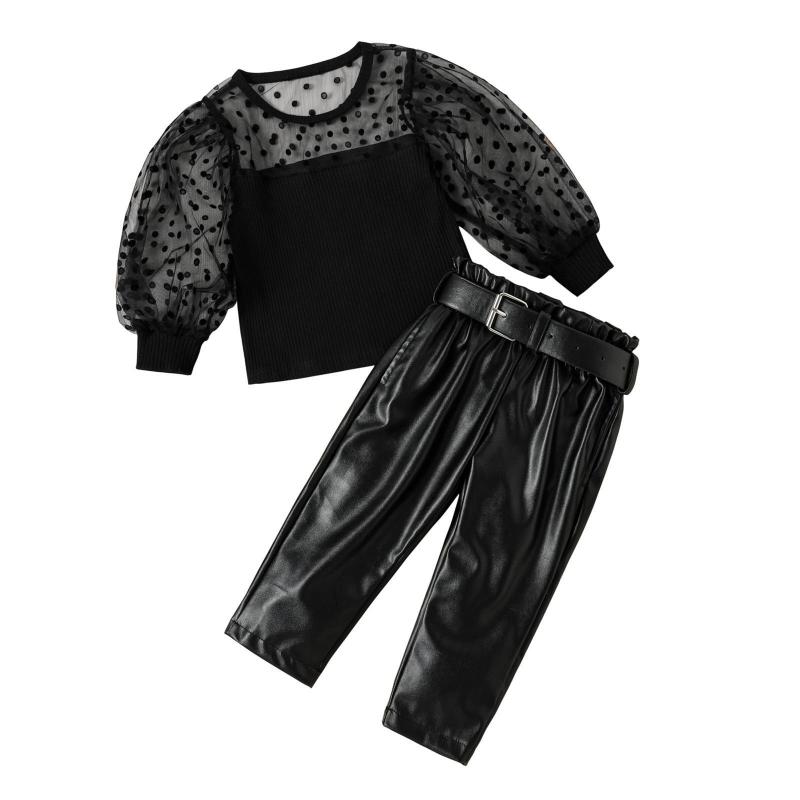 Baoxi foreign trade young and little girls Spring and Autumn New Western style dot bubble net yarn sleeve top fashionable PU leather blouse and pants