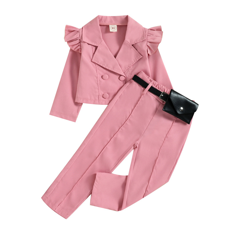 Baoxi children's clothing foreign trade cross-border autumn and winter girls small and older children casual suit long sleeve top and trousers with belt bag suit