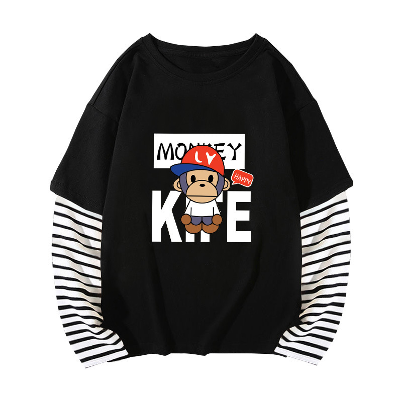 Boys' fake two-piece striped top Children baby girls' round neck cartoon long-sleeved T-shirt one piece dropshipping 021 New