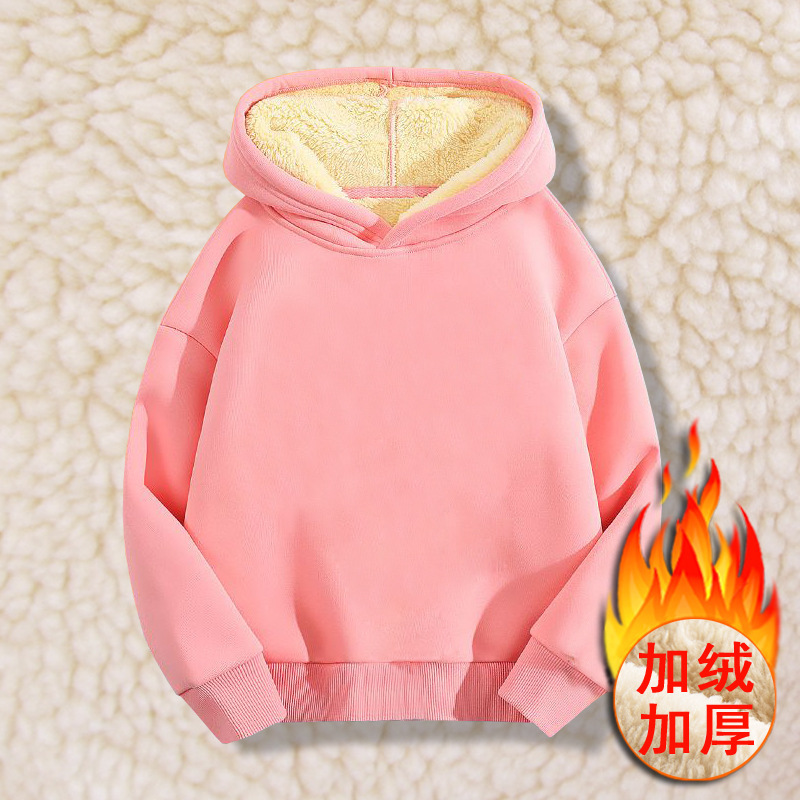 Children's clothing wholesale lambswool hooded sweater for boys and girls thickened keep warm pure color casual pullover one piece dropshipping