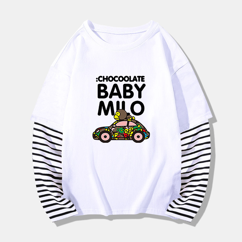 Boys' fake two-piece striped top Children baby girls' round neck cartoon long-sleeved T-shirt one piece dropshipping 021 New