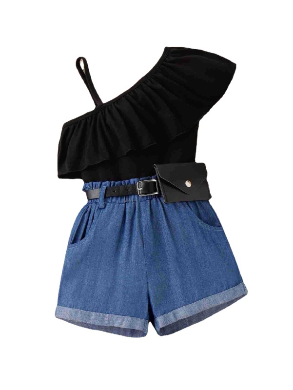 Baoxi children's clothing European and American girls spring and summer oblique shoulder ruffles strap denim fashionable shorts with waist bag little kids' suit