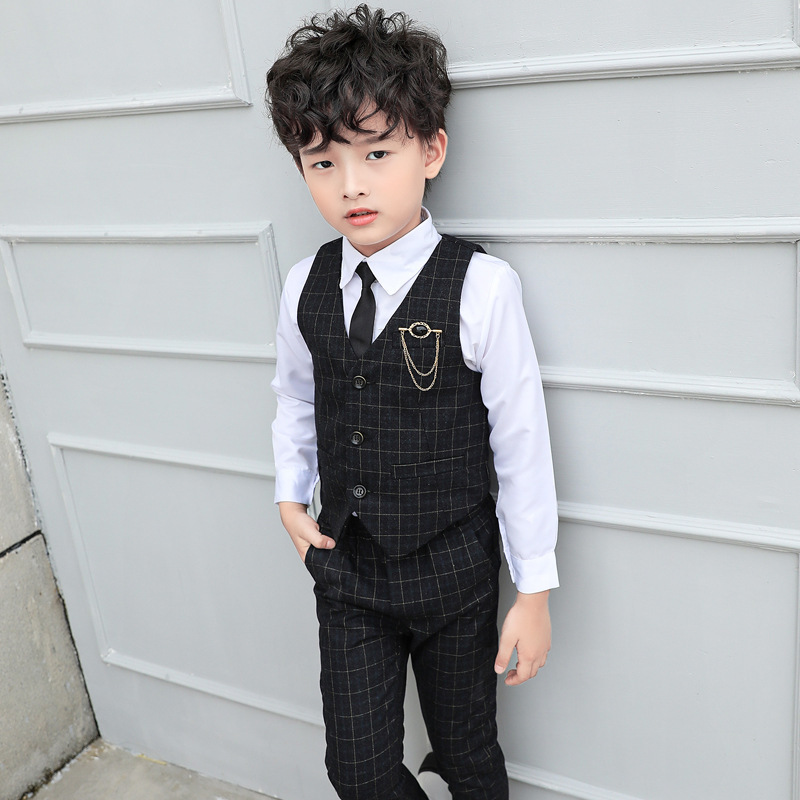 Boys autumn clothing suit New handsome plaid dress Korean style children host performance two-piece vest set tide