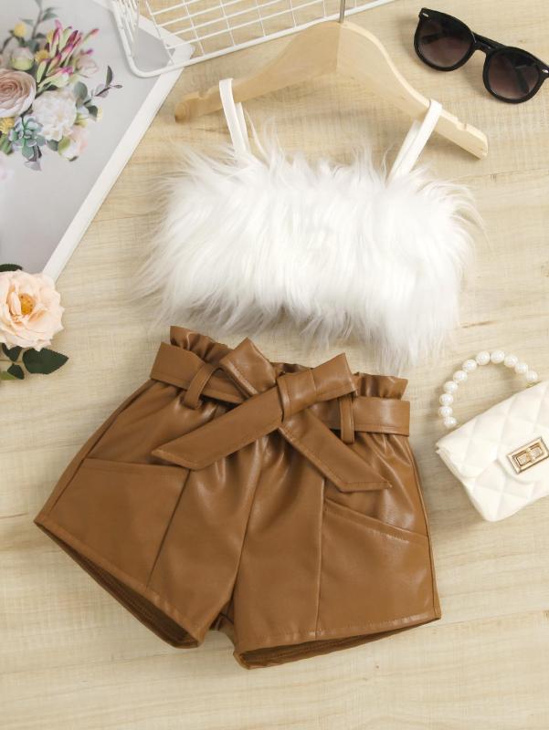 Treasure salary Europe and America cross border Amazon girls' furry Sling Top solid color open bag leather shorts suit with belt
