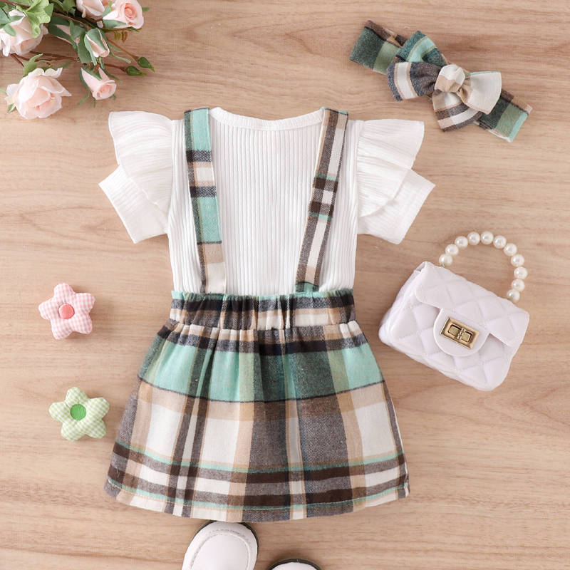 Baoxi children's clothing foreign trade Korean spring/summer sunken stripe short sleeve bow flounced sleeve check overall dress girls' two-piece suit
