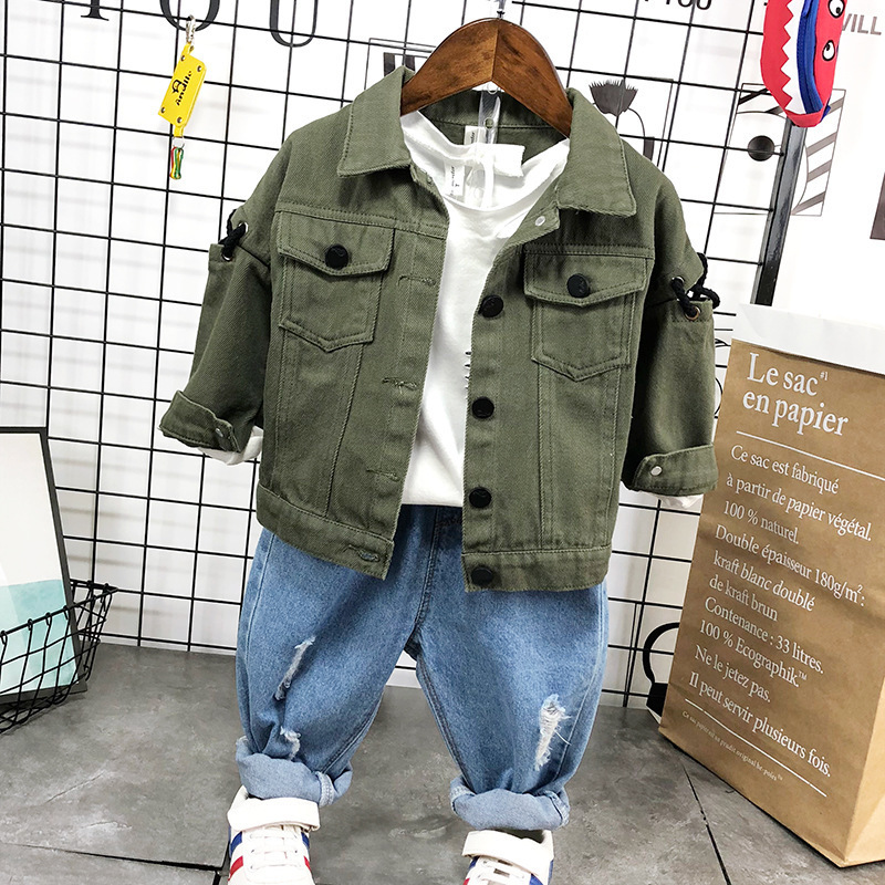Boys' spring and autumn clothing suit embroidered denim jacket children Korean style solid color children's clothing autumn three-piece suit clothing generation