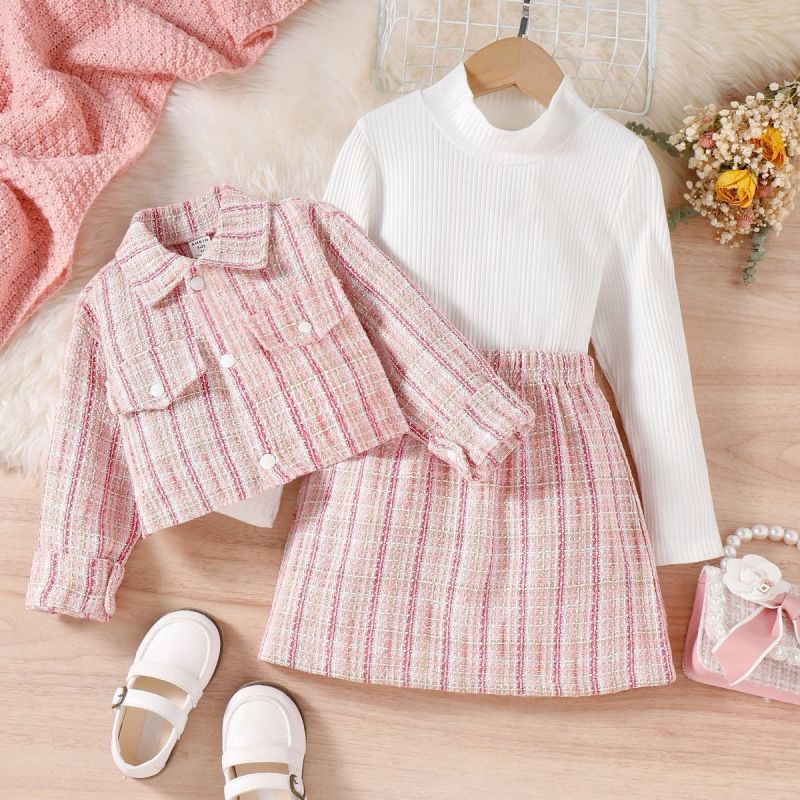 Baby children's clothing autumn and winter sweet Chanel style plaid coat turtleneck top plaid skirt girl set three-piece set