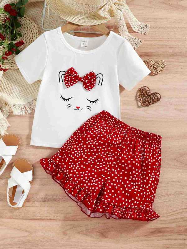 Baoxi children's clothing Korean-style foreign trade girls' spring and summer bow short-sleeved shirt polka dot cute shorts two-piece suit