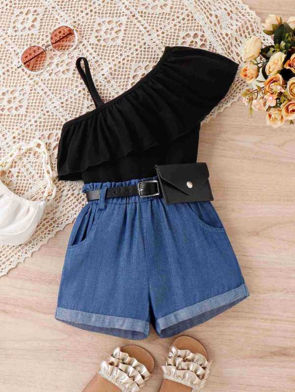 Baoxi children's clothing European and American girls spring and summer oblique shoulder ruffles strap denim fashionable shorts with waist bag little kids' suit