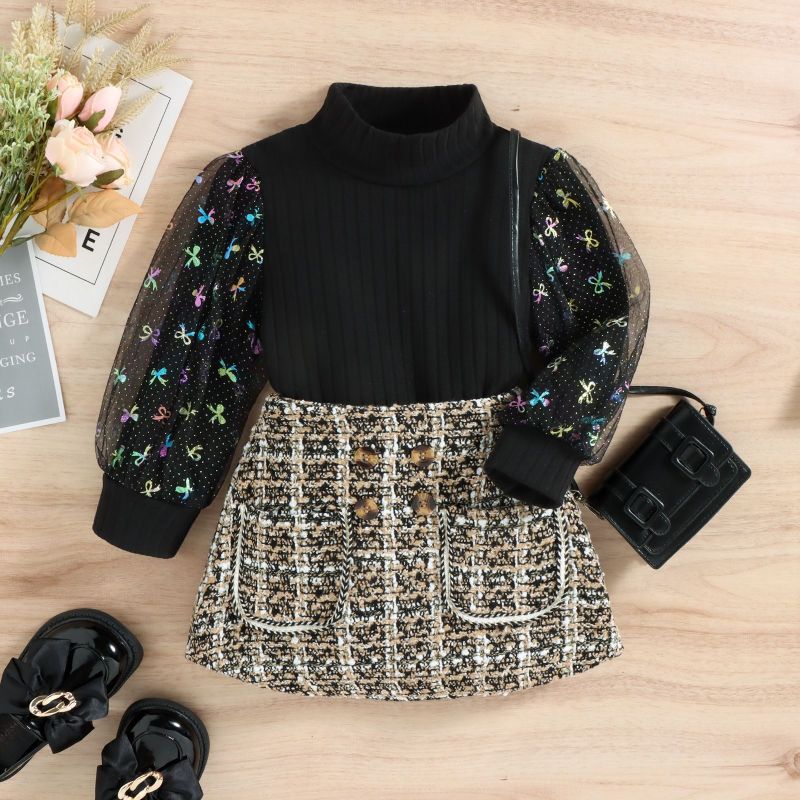 Baoxi children's clothing Korean style autumn and winter children black with high collar embroidered top Plaid classic style short skirt girls' suit