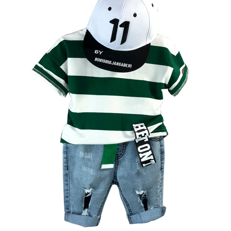 Boys' summer new cotton striped T-shirt two-piece children's clothing short sleeve suit children denim shorts