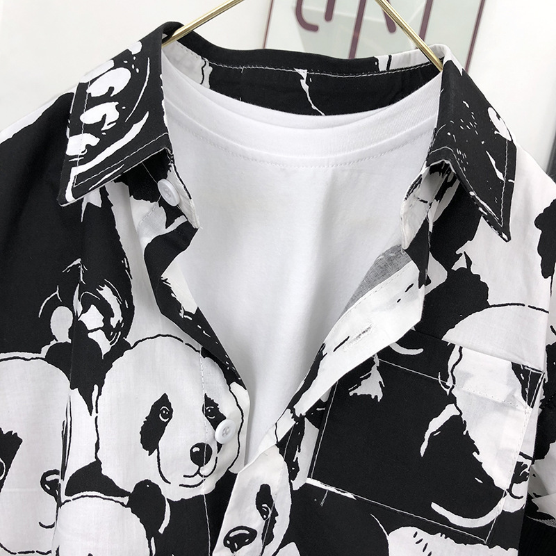 Boy panda short-sleeved shirt Korean style children's shirt cartoon western style Boy Summer handsome children's clothing fashion